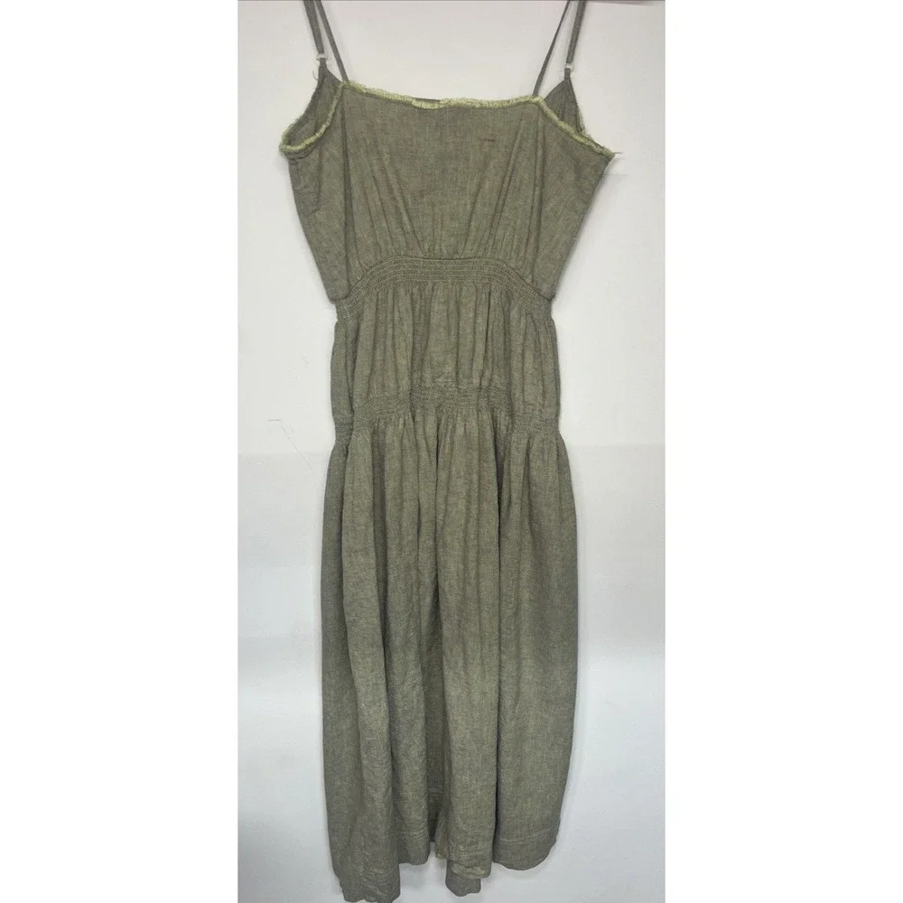 Urban Outfitters Linen Blend Midi Dress Sage Olive Green Smocked Button Front M - Picture 10 of 13